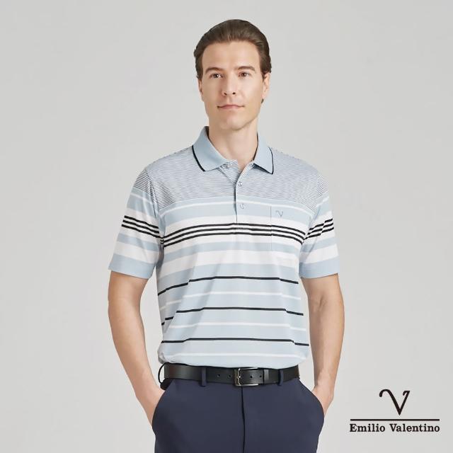 【Emilio Valentino 范倫鐵諾】男裝 吸濕速乾涼爽彈性胸袋短袖POLO衫_藍/黑(66-4V8136)