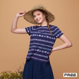 【FREE】有機棉花草挑洞緹花短袖針織衫(本白/暗藍)