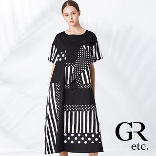 【GLORY21】品牌魅力款-etc.條紋不規則拼接造型圓領洋裝(黑色)