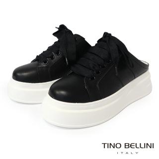 【TINO BELLINI 貝里尼】時尚全真皮綁帶厚底增高穆勒鞋LB0V011(黑色)