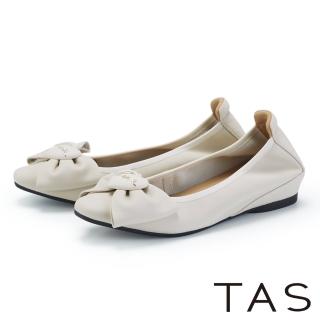 【TAS】愛心飾釦蝴蝶結鬆緊帶真皮低跟鞋(白色)