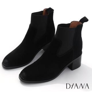 【DIANA】6cm絲光牛几皮x彈性布雙材質拼接卡積短靴(霧黑)