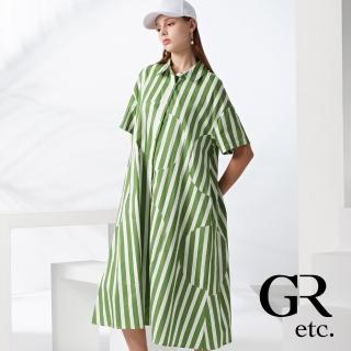 【GLORY21】品牌魅力款-etc.經典條紋開襟翻領短袖洋裝(綠色)