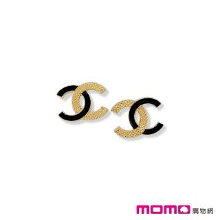 【CHANEL 香奈兒】針式耳環(經典雙C 雙材質設計 黑金)