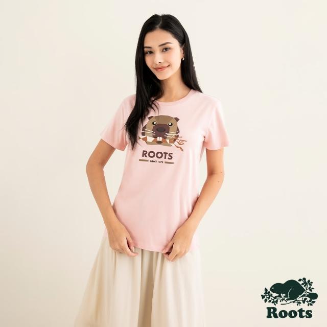【Roots】Roots 女裝- OUTDOORS ANIMAL短袖T恤(粉橘色)