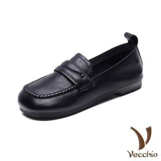 【Vecchio】真皮樂福鞋 寬楦樂福鞋/全真皮頭層牛皮舒適寬楦方頭休閒樂福鞋(黑)