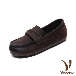 【Vecchio】真皮樂福鞋 牛皮樂福鞋/全真皮頭層牛皮手工舒適軟皮復古樂福鞋(咖)