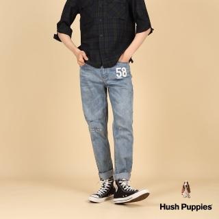 【Hush Puppies】男裝 長褲 品牌英文刷破印花牛仔褲(灰藍 / 43121101)