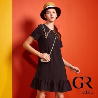 【GLORY21】速達-網路獨賣款-etc.浪漫繡花領片荷葉裙擺洋裝(黑色)