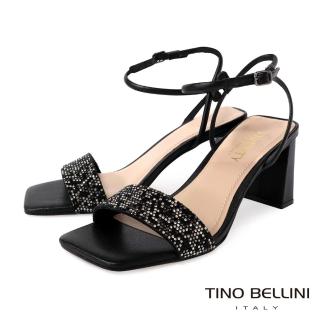 【TINO BELLINI 貝里尼】巴西進口全真皮彩鑽繫踝高跟涼鞋FSMV010(黑色)