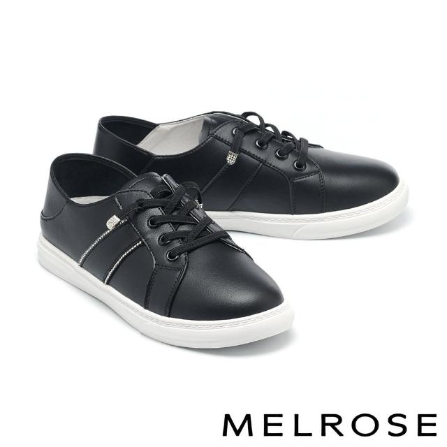 【MELROSE】美樂斯 簡約日常水鑽條彈性鞋帶牛皮QQ厚底休閒鞋(黑)