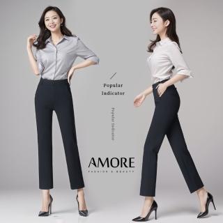 【Amore】韓版高腰彈力顯瘦直筒西裝九分褲(高品質四面彈力布料)