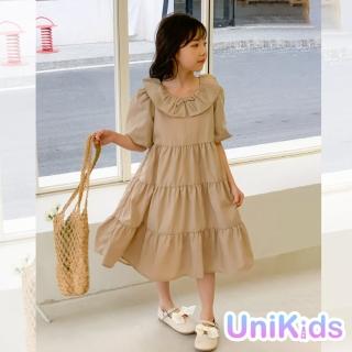 【UniKids】中大童裝花邊領短袖洋裝蛋糕裙 女大童裝 VWHT9971(卡其)