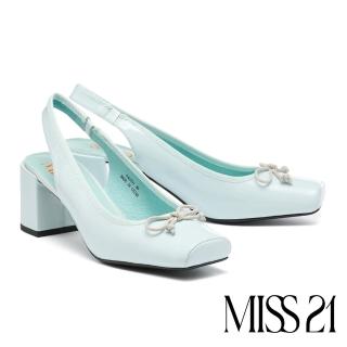 【MISS 21】嬌氣芭蕾蝴蝶結異材質拼接純色方頭後繫帶高跟鞋(藍)