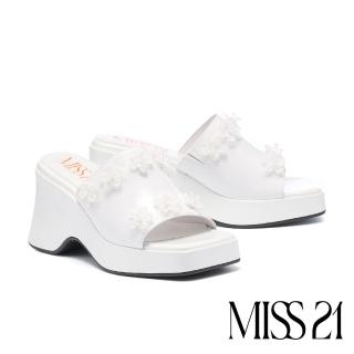 【MISS 21】精緻系蕾絲小花牛軟漆皮水台方頭厚底拖鞋(白)