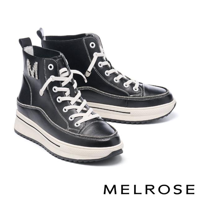【MELROSE】美樂斯 率性時尚M字晶鑽牛皮高筒厚底休閒鞋(黑)