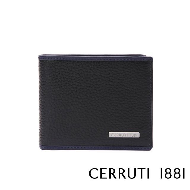 【Cerruti 1881】限量2折 義大利頂級小牛皮4卡零錢袋短夾皮夾 5990M 全新專櫃展示品(黑色 贈禮盒提袋)