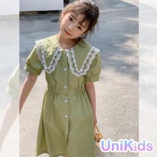 【UniKids】中大童裝花邊短袖洋裝 翻領蕾絲收腰連身裙 女大童裝 VW23015(綠)