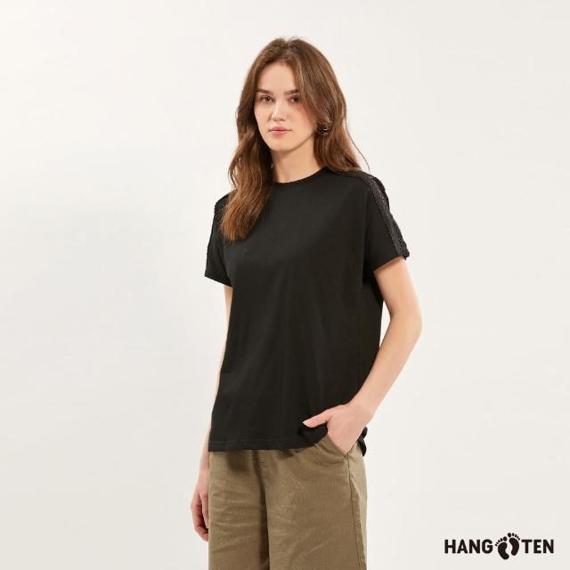 【Hang Ten】女裝-單面棉斜肩連袖蕾絲織條休閑短袖T恤(黑)