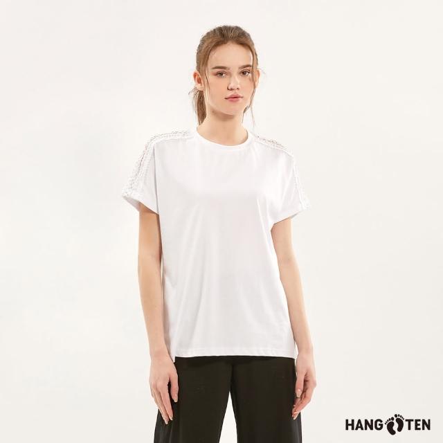 【Hang Ten】女裝-單面棉斜肩連袖蕾絲織條休閑短袖T恤(白)