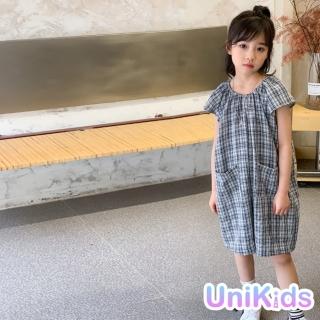 【UniKids】中大童裝短袖洋裝 日系格紋田園風 女大童裝 VW23005(格子)