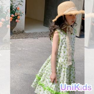 【UniKids】中大童裝無袖洋裝 森系碎花荷葉邊度假風 女大童裝 VW23011(綠)