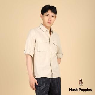 【Hush Puppies】男裝 襯衫 素色亞麻七分袖貼袋襯衫(淺卡其 / 43112107)