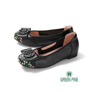 【GREEN PINE】撞色編織方頭真皮平底鞋黑色(00330861)