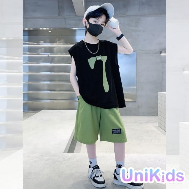 【UniKids】中大童裝2件套無袖T恤休閒五分褲 男大童裝 VPXY-249766(綠 藍)
