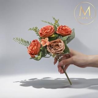 【Floral M】英倫復古玫瑰花束焦糖橙仿真花花材（1入/組）(人造花/塑膠花/假花/裝飾花)