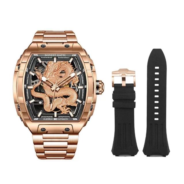 【BONEST GATTI】布加迪 玫瑰金色款 龍年生肖 酒桶造型 不鏽鋼錶帶 機械手錶 贈原廠氟橡膠錶帶(BG5606-A4)