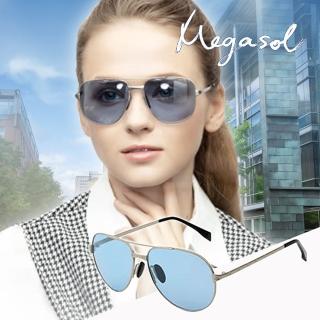 【MEGASOL】寶麗萊UV400時尚中性偏光太陽眼鏡變色墨鏡(感光智能變色灰片彩片全天候適用-BS8606)