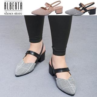 【Alberta】跟4.5cm MIT 台灣製 尖頭低跟包鞋 復古千鳥格紋 粗跟涼鞋 涼拖鞋 2色