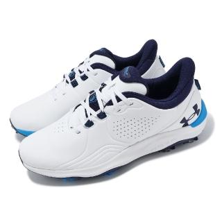 【UNDER ARMOUR】高爾夫球鞋 Drive Pro Wide 男鞋 寬楦 白 藍 防水鞋面 皮革 抓地 運動鞋 UA(3026919101)