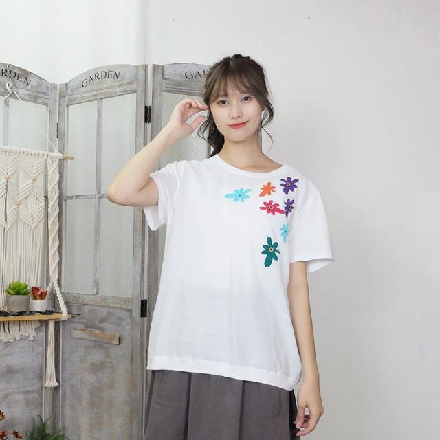 【Hana Mokuba】花木馬日系女裝圓領彩色花型貼布休閒T恤(T恤)
