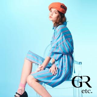 【GLORY21】網路獨賣款-etc.造型條紋拼接綁帶翻領洋裝/連身裙(藍色)