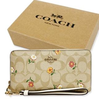 【COACH】C LOGO手掛式拉鍊零錢袋長夾禮盒(花卉/米白)