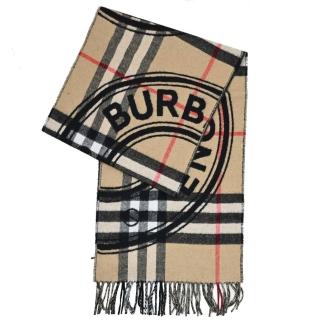 【BURBERRY 巴寶莉】經典品牌格紋LOGO雙面喀什米爾羊毛披肩長圍巾(卡其)