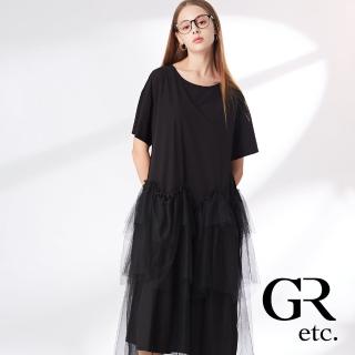 【GLORY21】品牌魅力款-etc.俏麗蕾絲拼接圓領短袖洋裝(黑色)