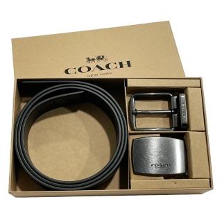【COACH】C LOGO雙面用/雙扣頭男款寬版皮帶禮盒(黑灰)