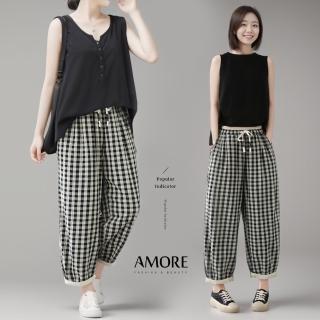【Amore】日韓經典格紋棉麻九分褲(顯高顯瘦質感新上市)