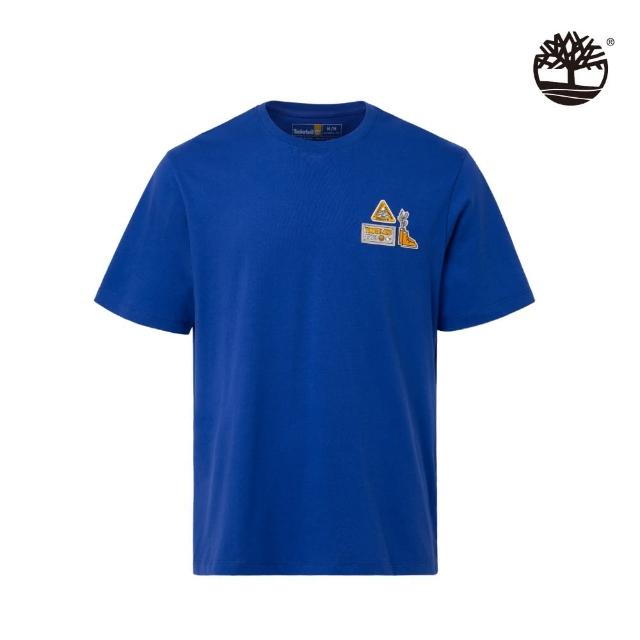 【Timberland】中性亮藍色徽章圖案短袖T恤(A6EC9G58)