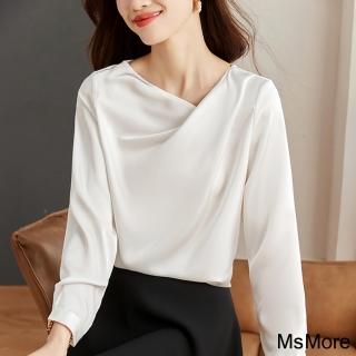 【MsMore】韓版百搭斜領長袖緞面襯衫款短版上衣#120632(白)
