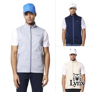 【Lynx Golf】男款透氣彈性舒適邊剪接沖孔山貓造型配布拉鍊口袋無袖背心(三色)