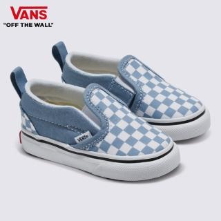 【VANS 官方旗艦】Slip-On V 小童款灰藍色棋盤格滑板鞋