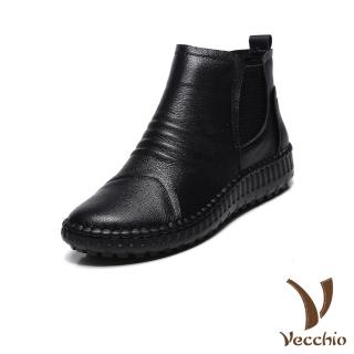 【Vecchio】真皮短靴 厚底短靴/真皮頭層牛皮手工縫線復古百搭厚底切爾西短靴(黑)