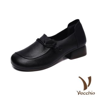 【Vecchio】真皮跟鞋 粗跟跟鞋/全真皮頭層牛皮復古繩飾百搭經典軟底粗跟鞋(黑)
