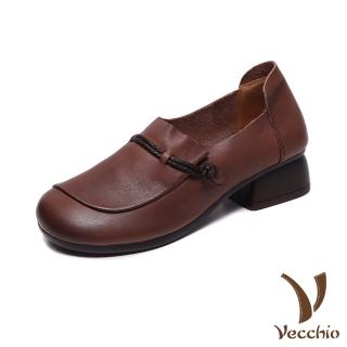 【Vecchio】真皮跟鞋 粗跟跟鞋/全真皮頭層牛皮復古繩飾百搭經典軟底粗跟鞋(棕)