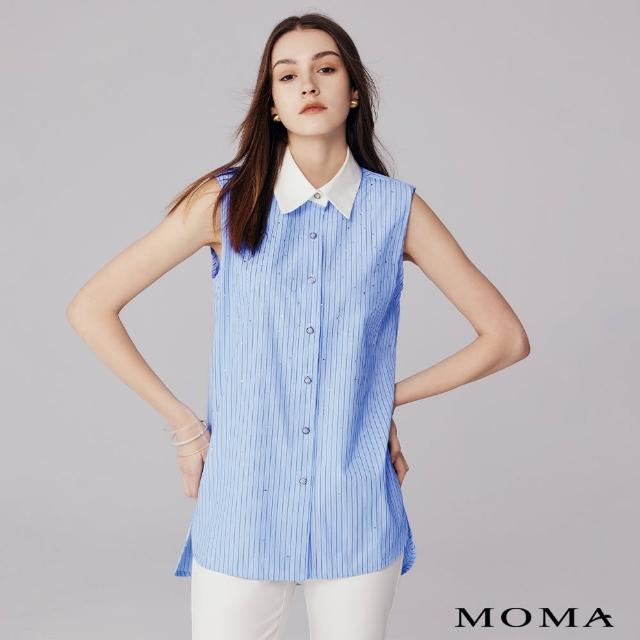 【MOMA】翻領直紋亮鑽無袖襯衫(淺藍色)