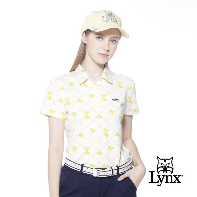 【Lynx Golf】女款吸汗速乾機能菱格紋拼圖造型Lynx繡花短袖POLO衫(白色)